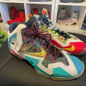 Lebron 11 “what the” size 12. Great shoe with lots of life left, all flaws shown